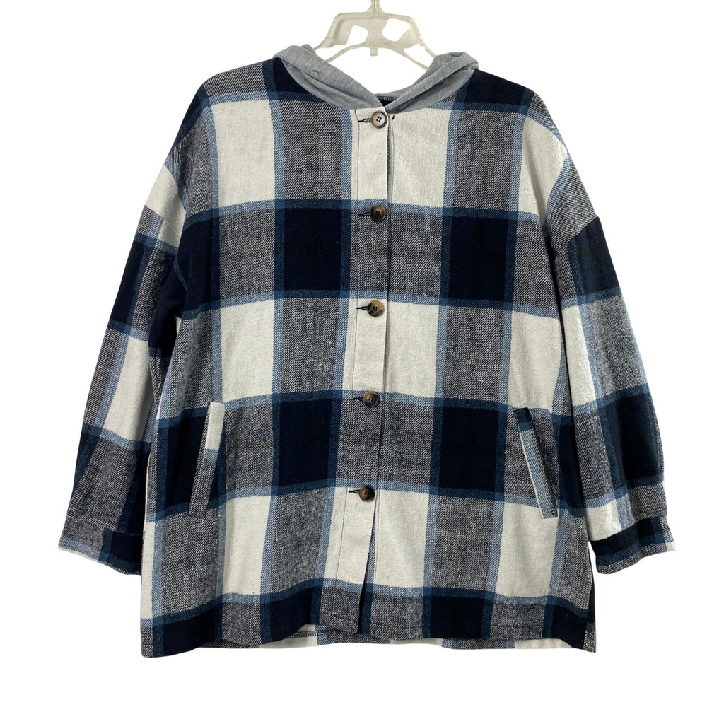 Cinnie Shacket Women Medium Blue Plaid Hooded Button Up Oversized Jacket Grunge
